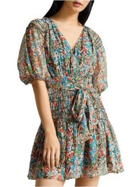Ted Baker Sz 10 Tiania Floral Cottagecore Smoked Belted Mini Dress